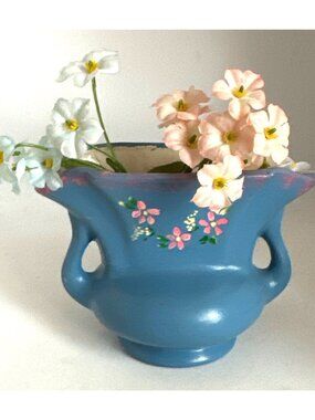 Cottage Farmhouse Blue Fan Vase Pottery Handpainted Floral Vintage Small Granny